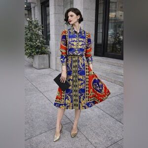 Sz M Ferrara Jaguar and Italian Printed Blouse & Pleated Skirt SET NWT $135 MSRP